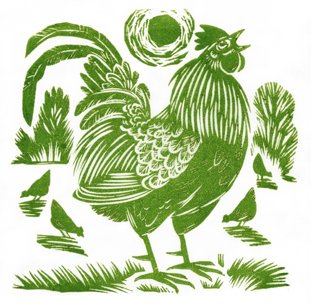 'With his hens: Good Morning!' linocut 15 x 15 cm