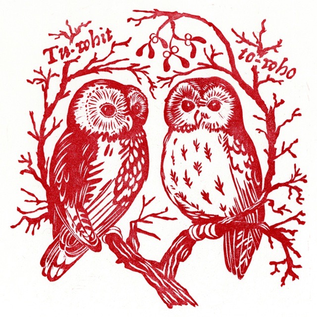 'Tu-whit tu-who, a merry note' linocut 20 x 20 cm