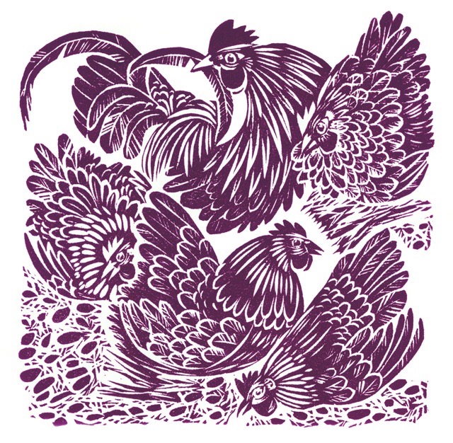 'With his hens: Preening' linocut 15 x 15 cm