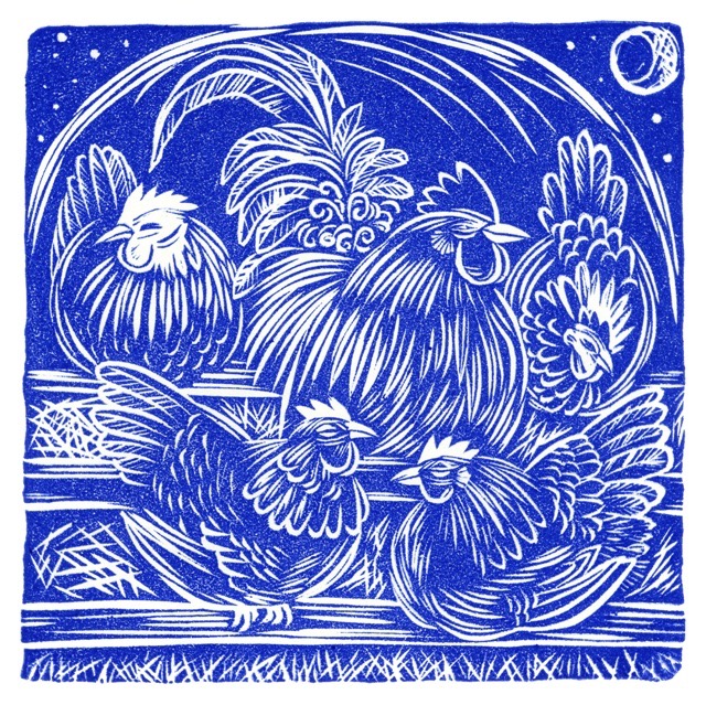 'With his hens: Good Night!' linocut 15 x 15 cm