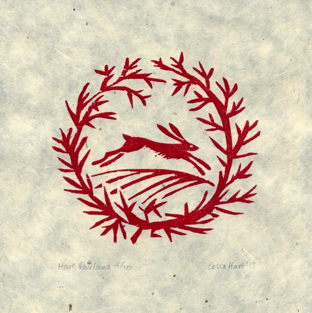 'Hare Garland' woodcut 10 x 10 cm