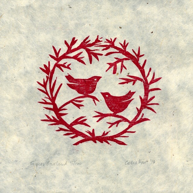 'Finches Garland' woodcut 10 x 10 cm